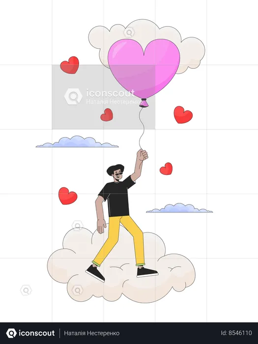 Hombre volando con globo por encima de las nubes  Ilustración