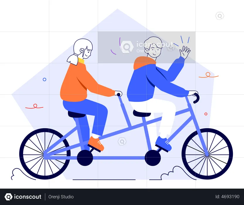 Hombre y mujer andando en bicicleta felices como una pareja  Ilustración