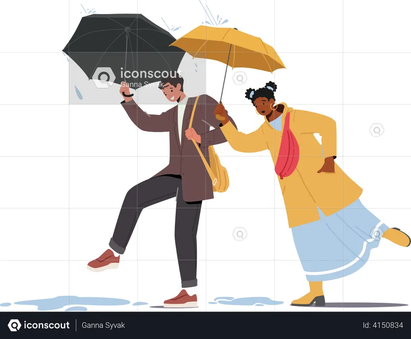 Hombre y mujer caminando en tiempo lluvioso sosteniendo paraguas  Ilustración