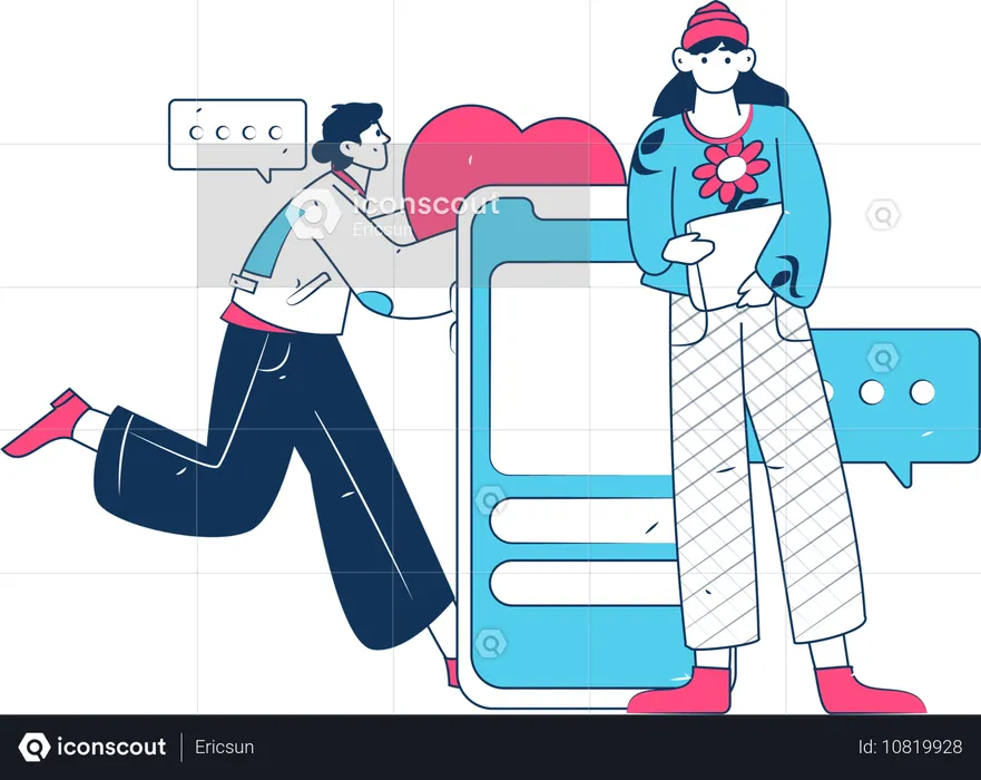 Hombre y mujer charlando en redes sociales  Ilustración