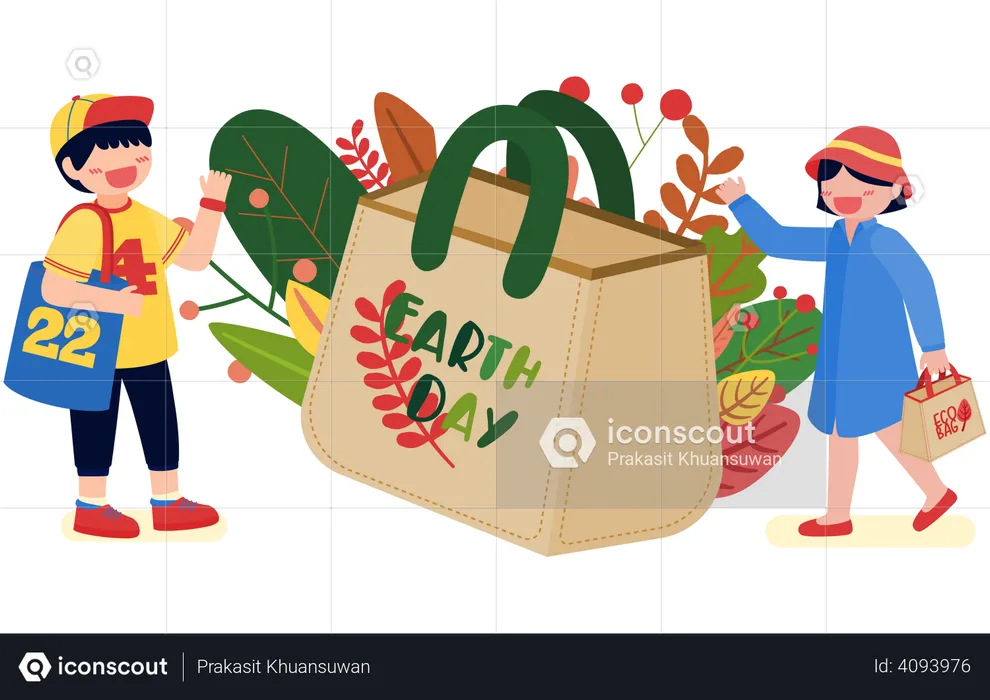 Hombre y mujer con campaña para utilizar bolsas de tela en lugar de bolsas de plástico para reducir el calentamiento global  Ilustración