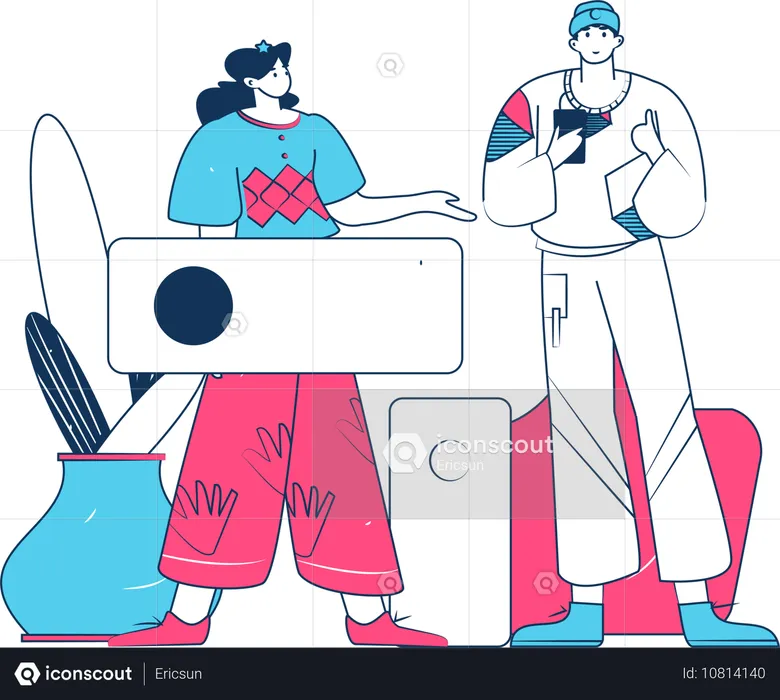 Hombre y mujer conectados a través de las redes sociales  Ilustración