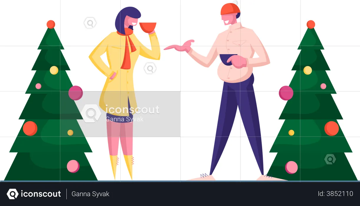 Hombre y mujer conversando de pie en árboles de Navidad decorados  Ilustración