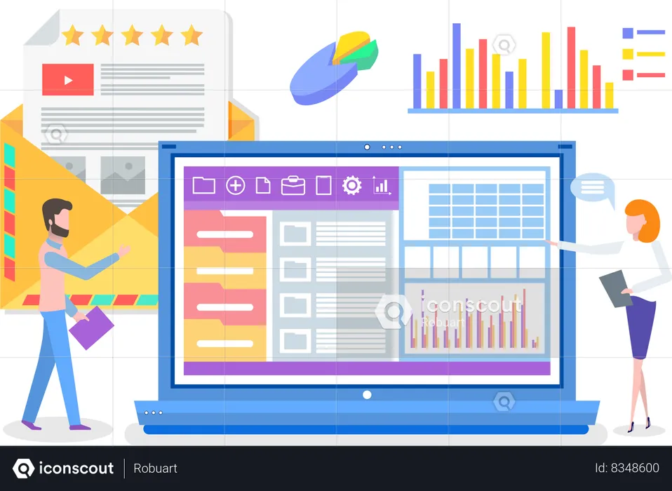 Hombre y mujer discutiendo gráficos de negocios y diagramas en una computadora portátil grande  Ilustración