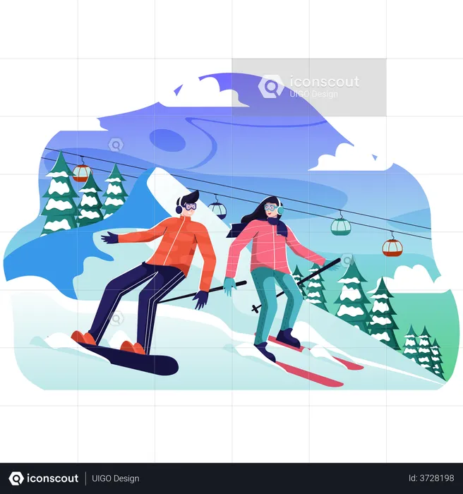 Hombre y mujer esquiando en la nieve.  Ilustración