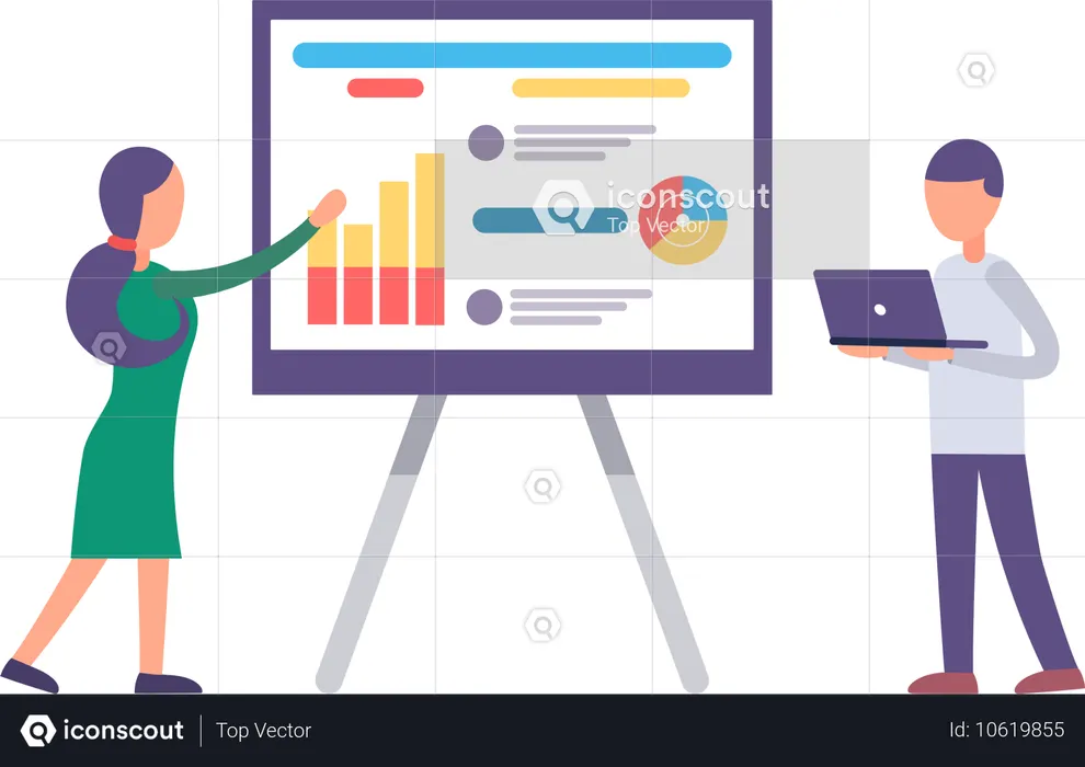 Hombre y mujer exploran gráficos de análisis de negocios  Ilustración