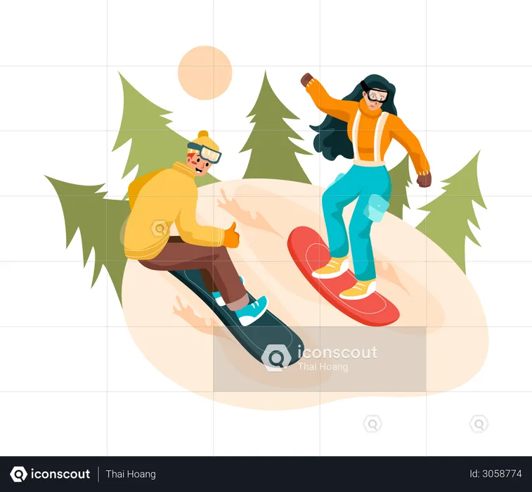 Hombre y mujer haciendo surf  Ilustración