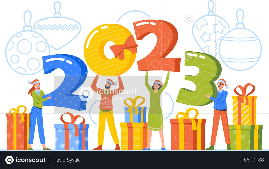 Hombre y mujer jóvenes celebrando el nuevo año 2023.  Ilustración