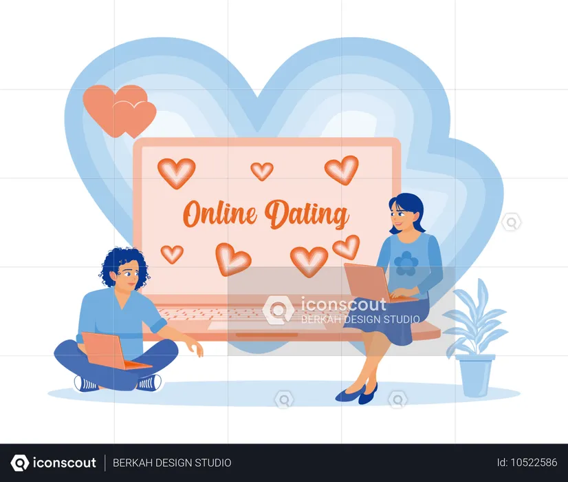 Hombre y mujer jóvenes sentados con computadoras portátiles mientras visitan sitios en línea y envían mensajes de amor a su pareja  Ilustración