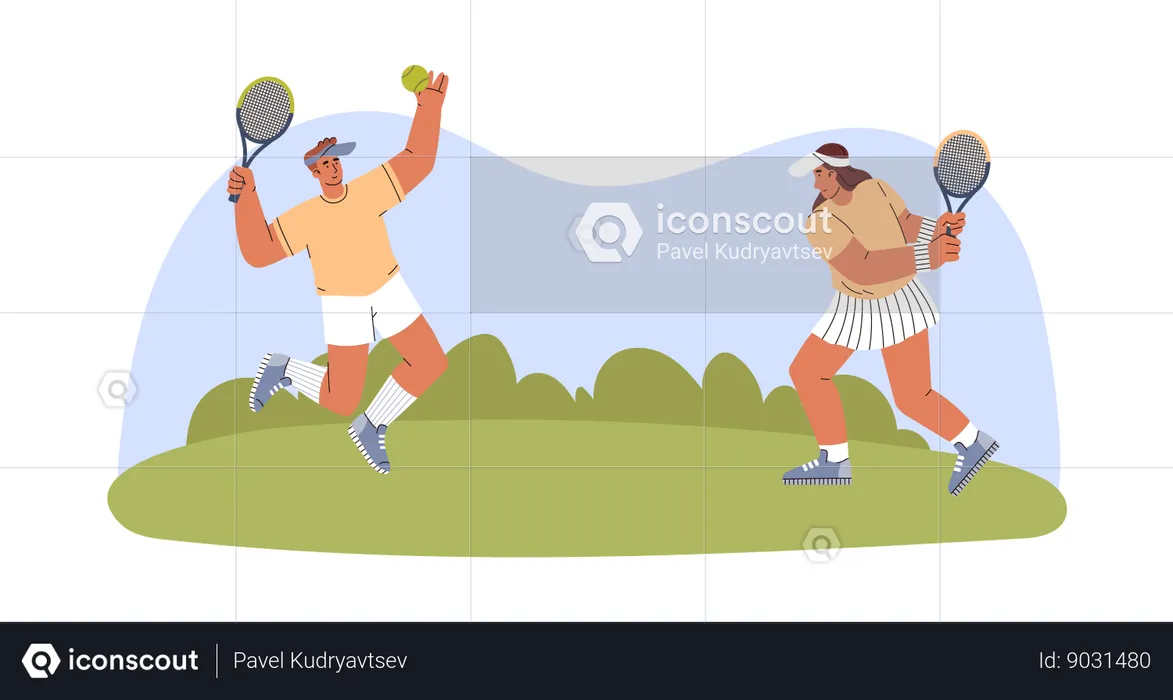 Hombre y mujer jugando tenis al aire libre  Ilustración