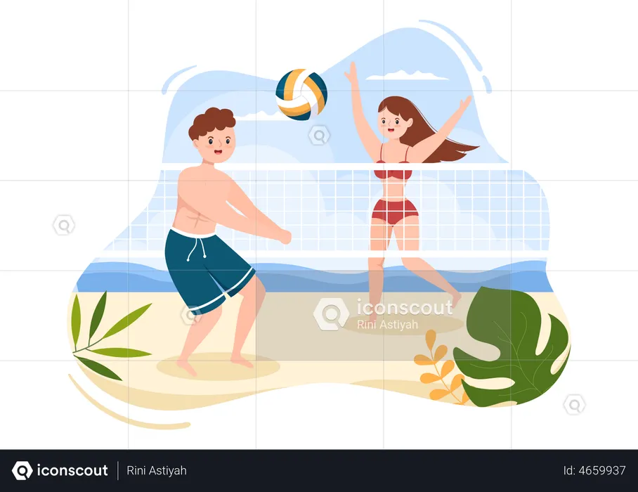 Hombre y mujer jugando voleibol de playa  Ilustración