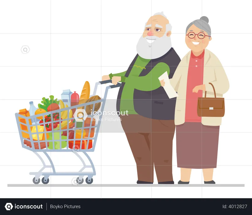 Hombre mayor y mujer de compras  Ilustración