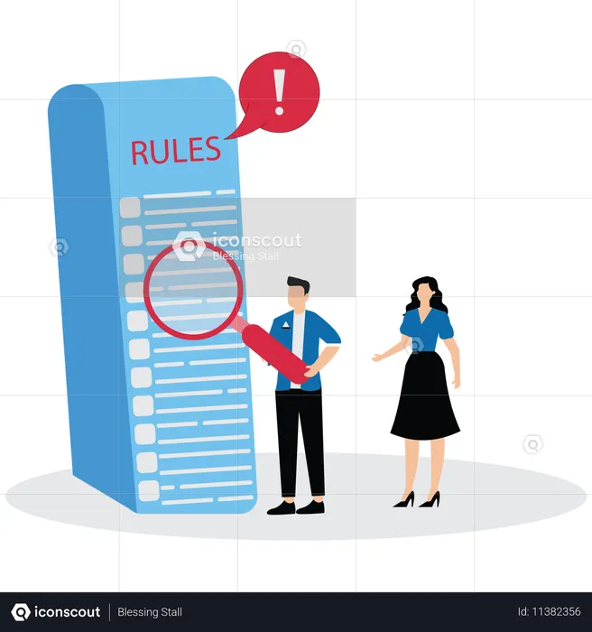 Hombre y mujer mostrando reglas y regulaciones.  Ilustración