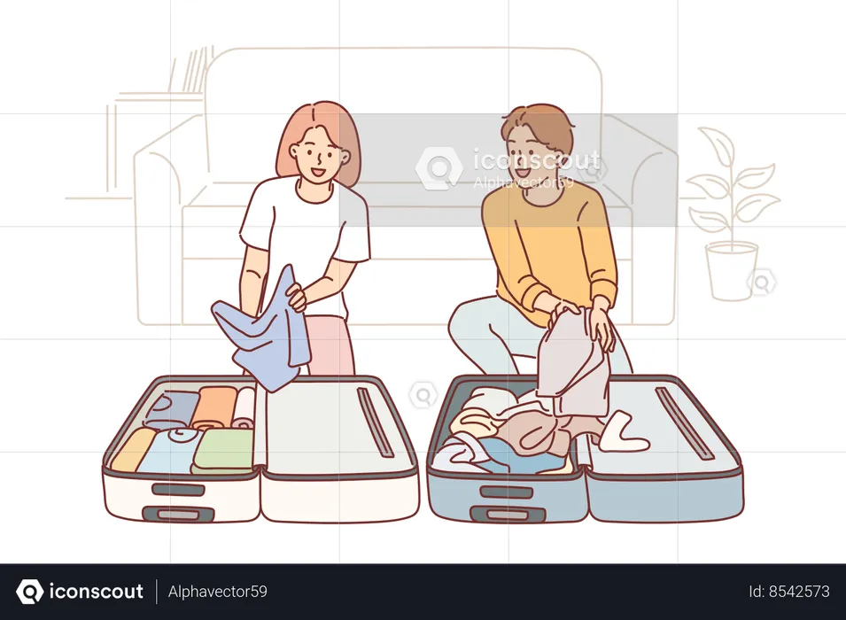 Hombre y mujer preparándose para ir de viaje  Ilustración