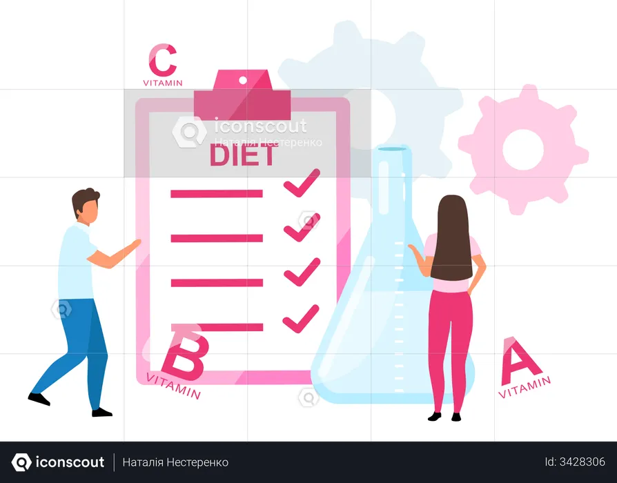 Hombre y mujer tomando vitaminas sintéticas.  Ilustración