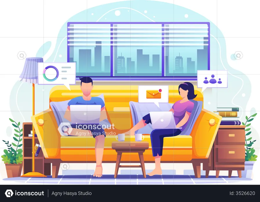Hombre y mujer trabajando desde casa  Ilustración