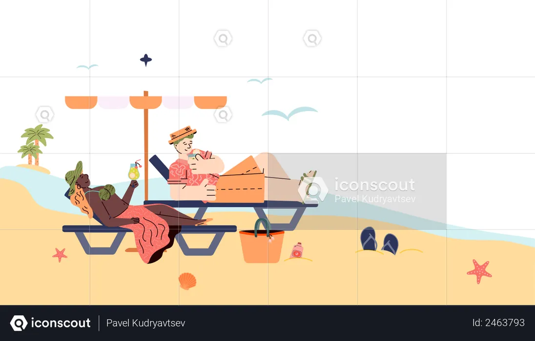Hombre y mujer tumbados en una tumbona de playa y bebiendo un cóctel  Ilustración