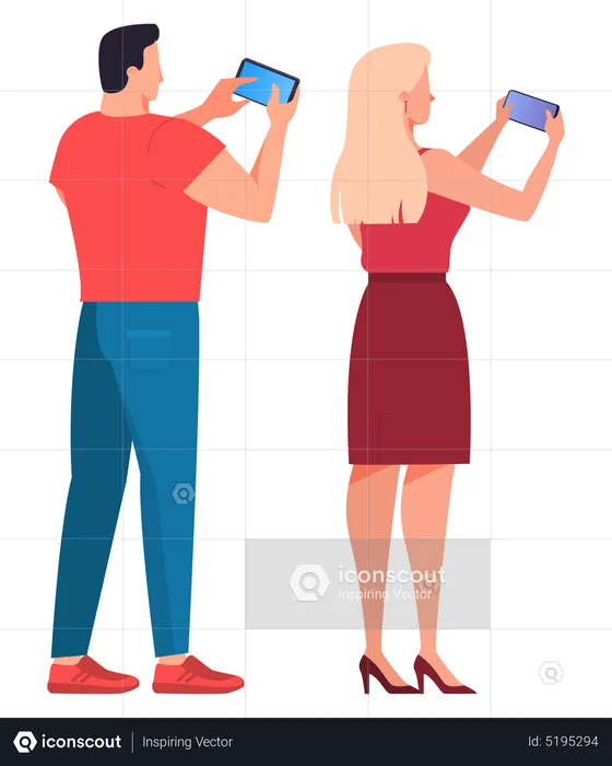 Hombre y mujer usando teléfono móvil  Ilustración