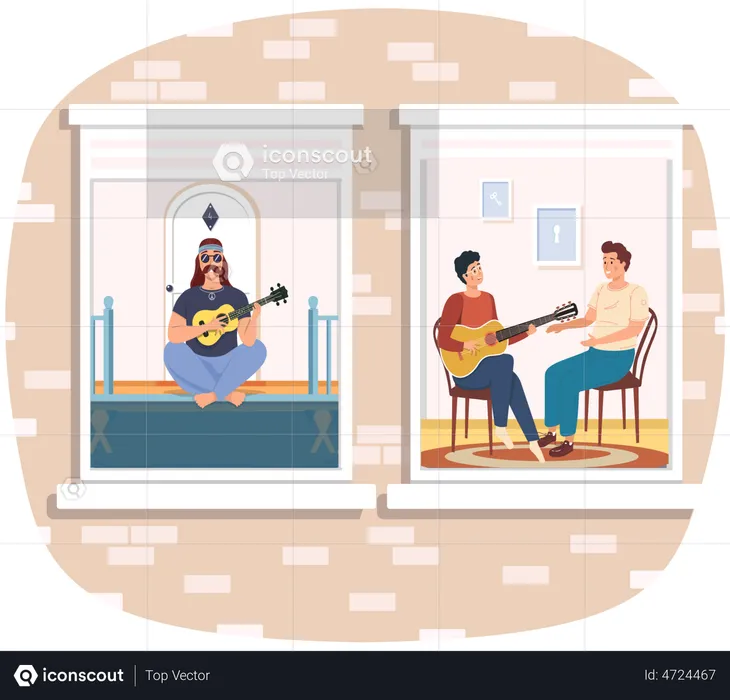 Hombres tocando la guitarra en su casa  Ilustración