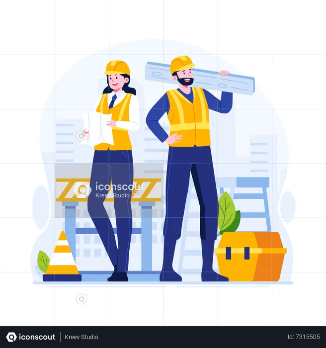 Ingenieros de construcción masculinos y femeninos.  Ilustración