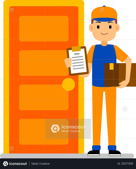 Home Delivery - Courier boy stands near the home door and holds package box  Illustration