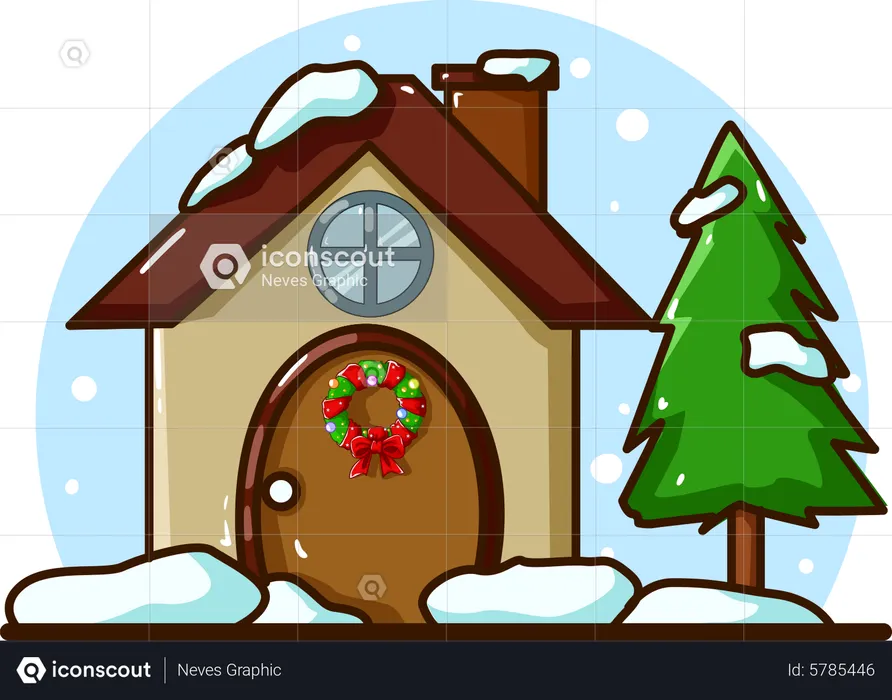 Home with spruce tree at the Christmas  Illustration