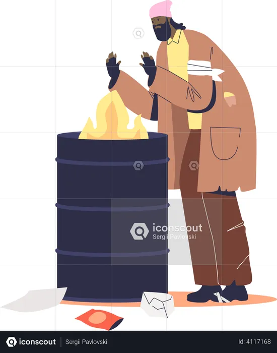 Homeless beggar warming hands at burning trash can  Illustration