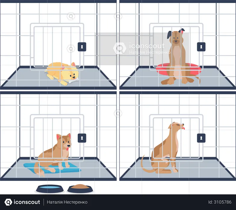Homeless dogs in shelter cages  Illustration