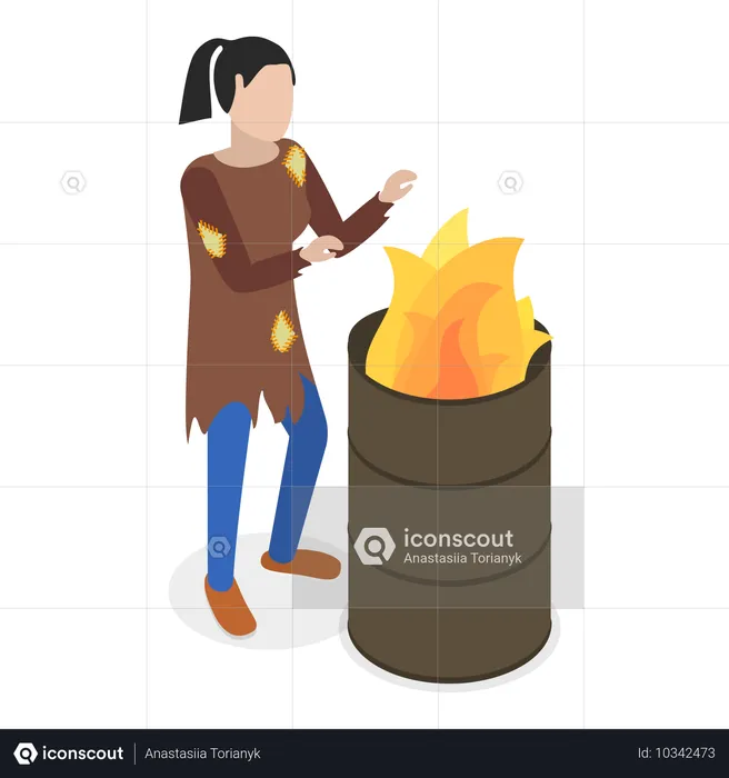 Homeless girl standing near fire can  Illustration