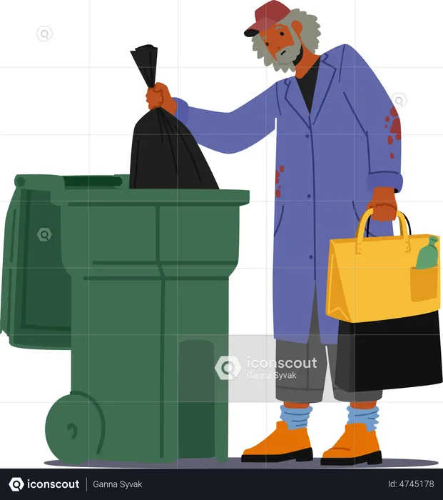 Homeless Jobless Poor Man in Old Clothes Fumble in Trash  Illustration