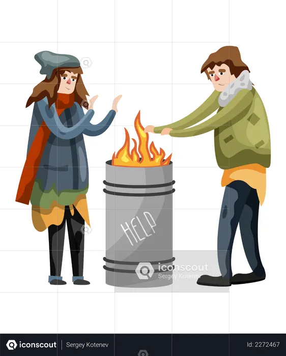 Homeless male and female people shaking hands on fire in winter  Illustration