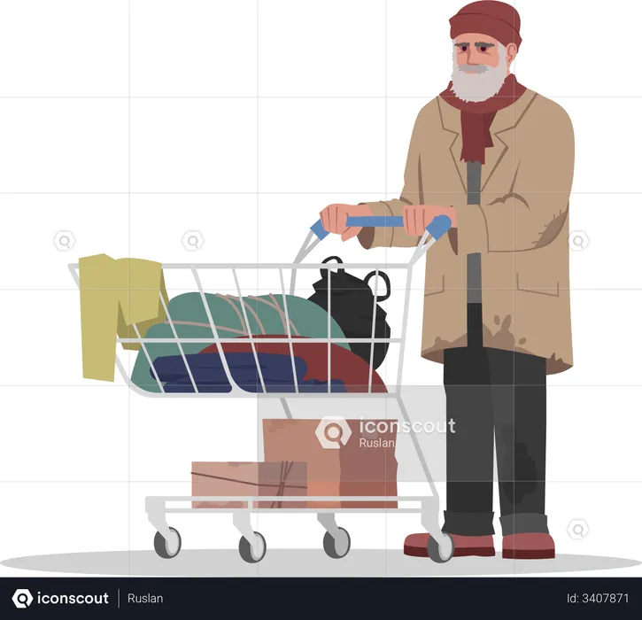 Homeless man collecting clothes in cart  Illustration