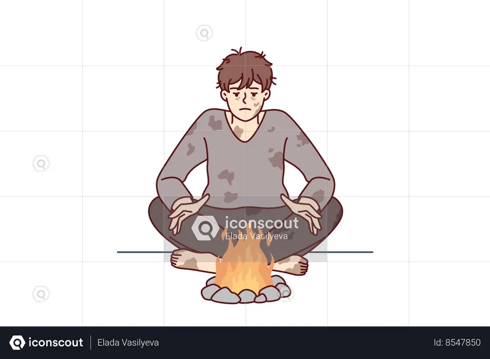 Homeless man in dirty clothes warms hands sitting by fire trying to survive due to lack of own home  Illustration