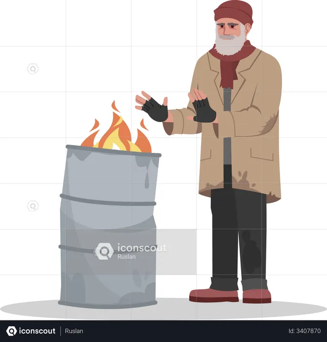 Homeless man near flaming bin  Illustration