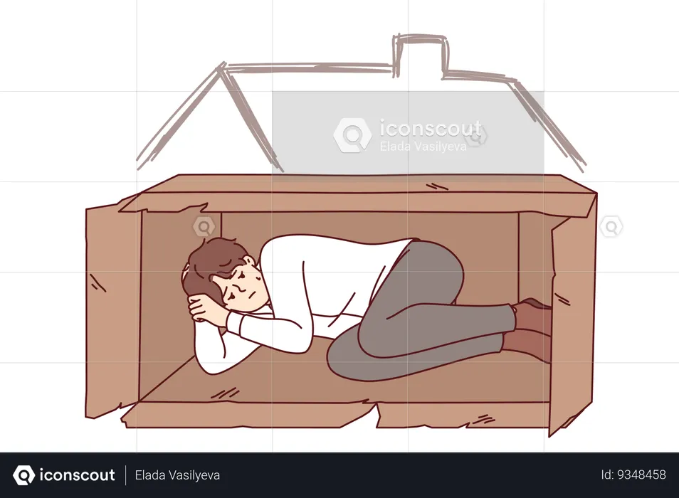 Homeless man sleeps in box on street after being fired from job due to labor market crisis  Illustration