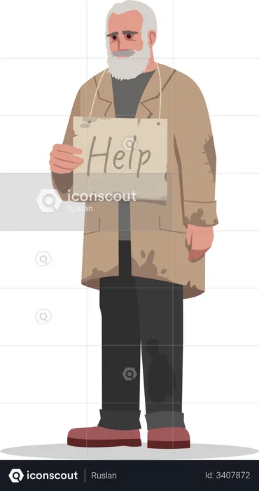 Homeless man with help sign board  Illustration