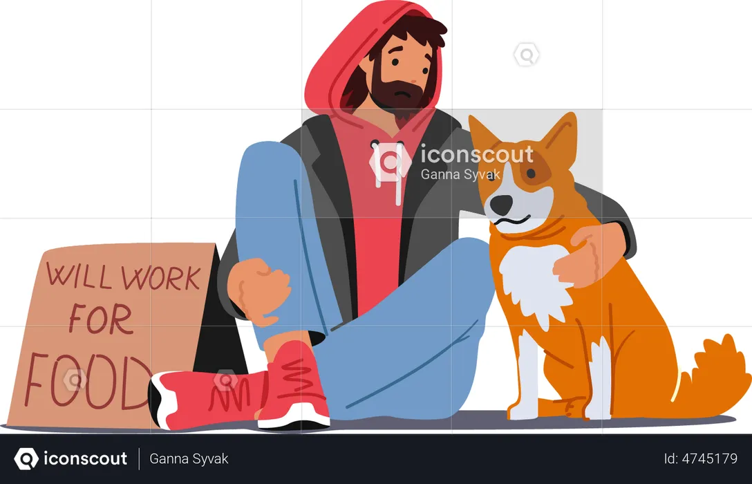 Homeless Unemployed man sitting with dog on street  Illustration