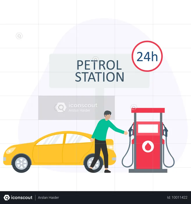 Homem reabastecendo carro em posto de gasolina  Ilustração