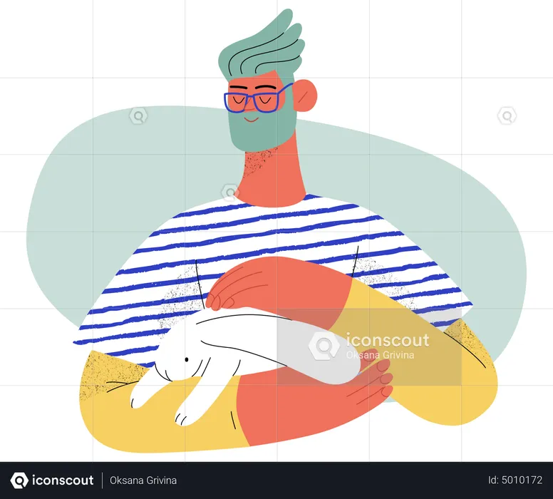 Homem acariciando coelho nos braços  Ilustração