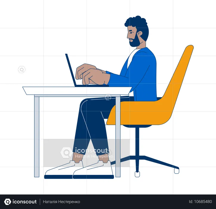 Homem afro-americano trabalhando no laptop  Ilustração