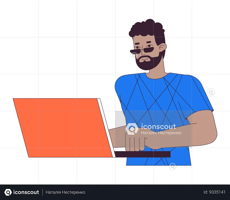 Homem afro-americano usando laptop  Ilustração