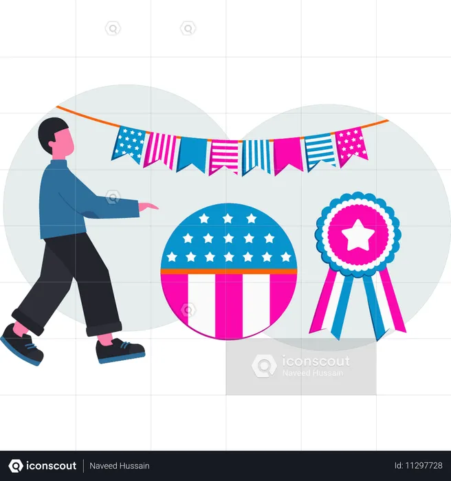 Homem americano decorando guirlandas para o dia da independência  Illustration