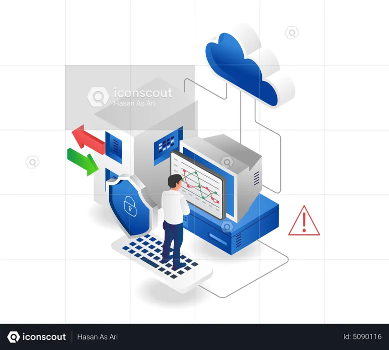 Homem analisando dados do servidor em nuvem  Ilustração