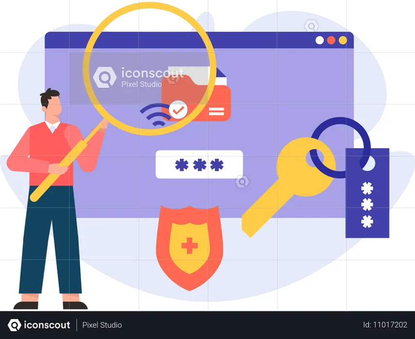 Homem analisando a segurança do usuário  Ilustração