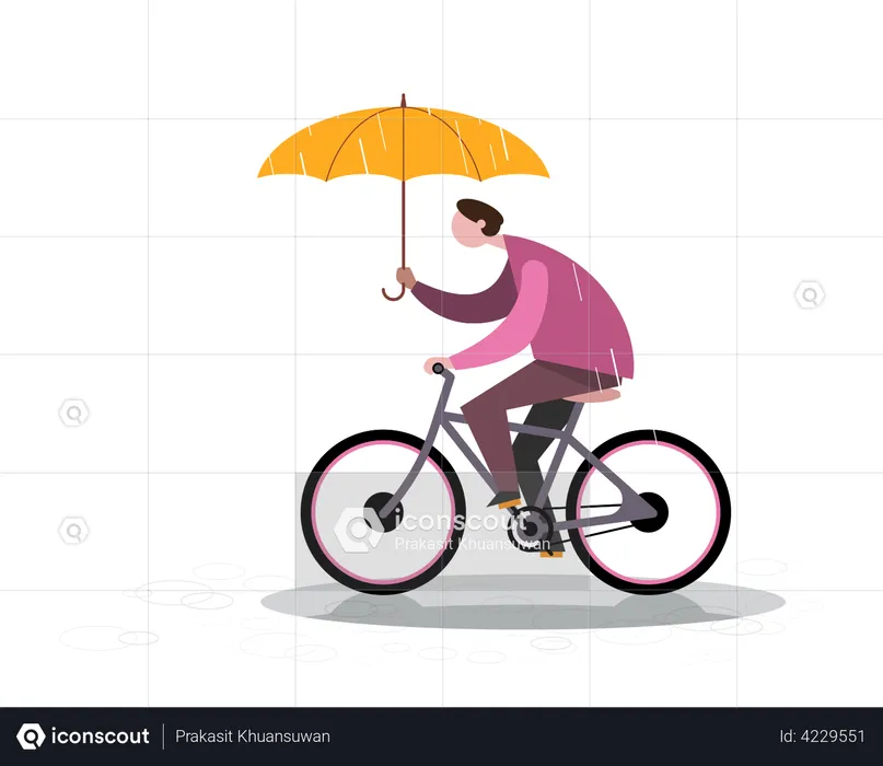 Homem andando de bicicleta durante a estação das chuvas  Ilustração