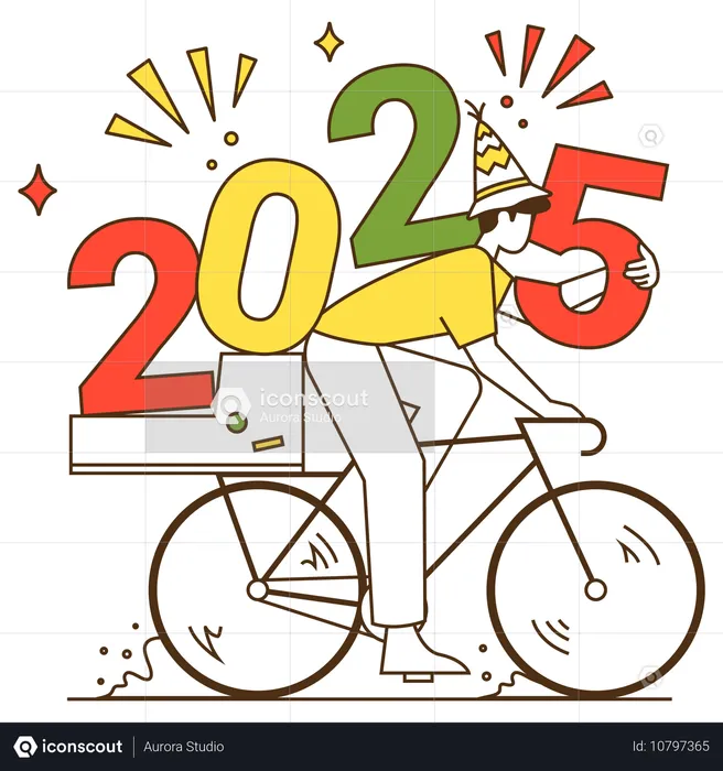 Homem andando de bicicleta no ano 2025  Ilustração