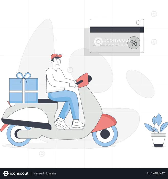 Homem andando de scooter carrega uma caixa de presente colorida no colo sorrindo enquanto aproveita o passeio  Ilustração