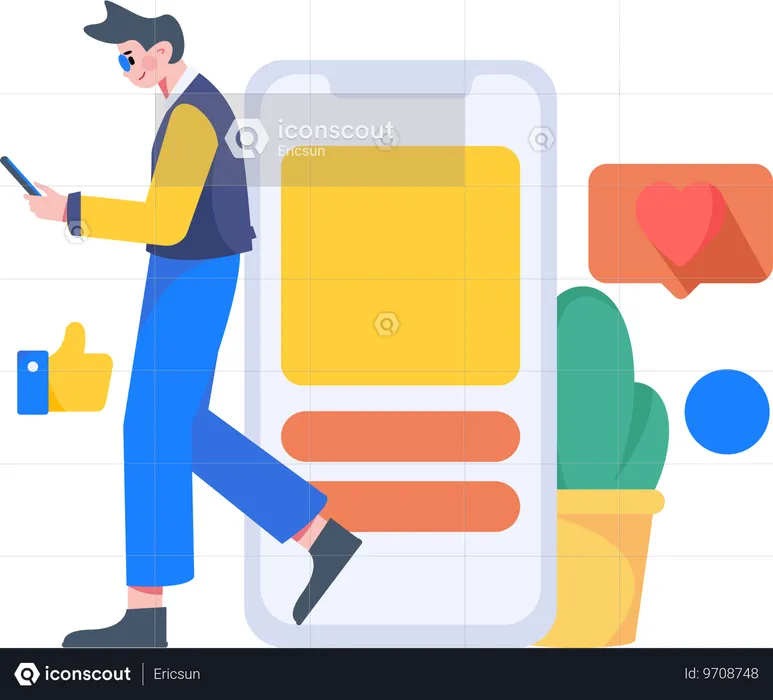 Homem andando enquanto olha comentários nas redes sociais usando celular  Ilustração