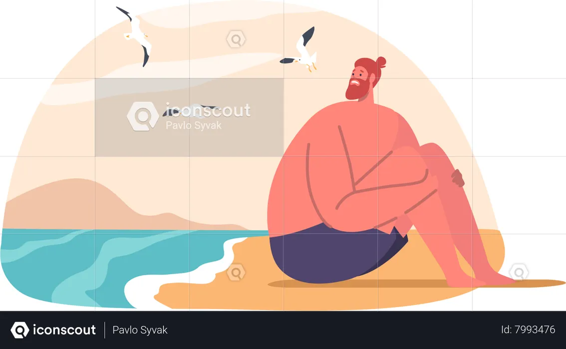 Homem ansioso com aquafobia sentado na praia  Ilustração