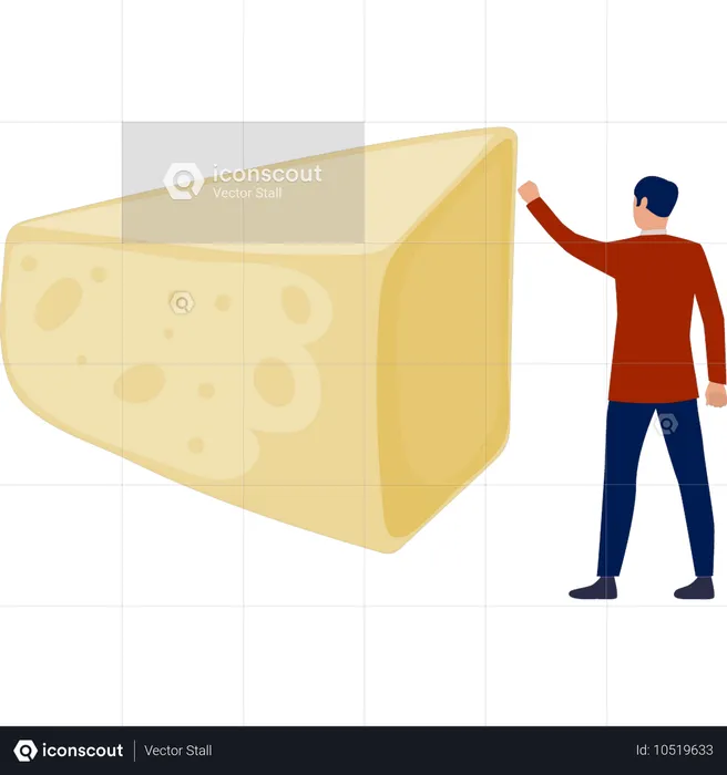 Homem apontando cubo de queijo amarelo  Ilustração